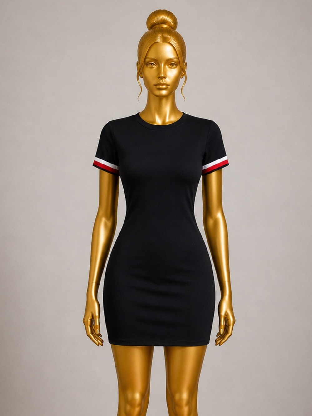 SHEIN Black Mini Dress with Red and White Sleeve Trim